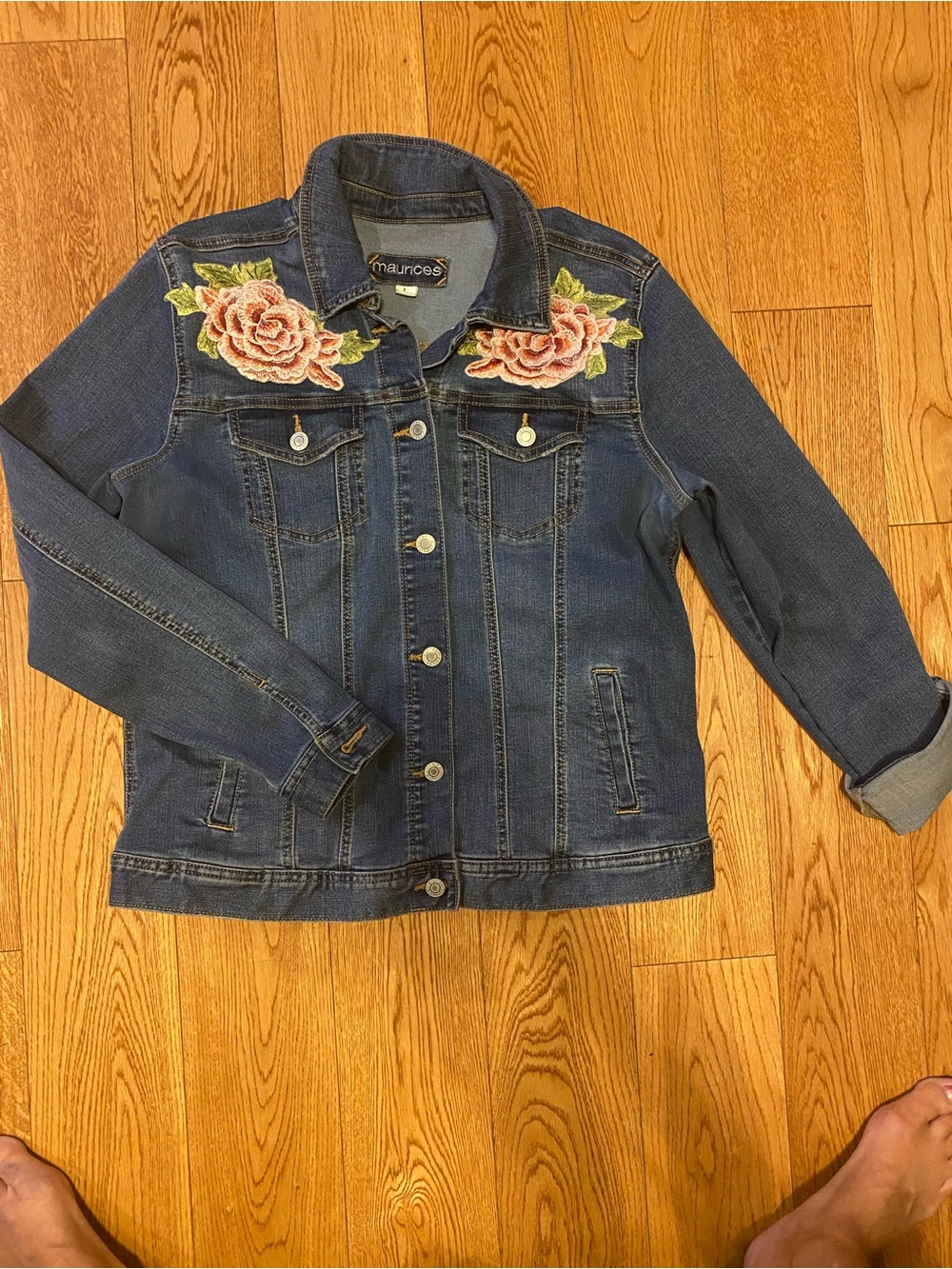Maurices Dark Blue Denim Jacket with Pink Rose Appliqué